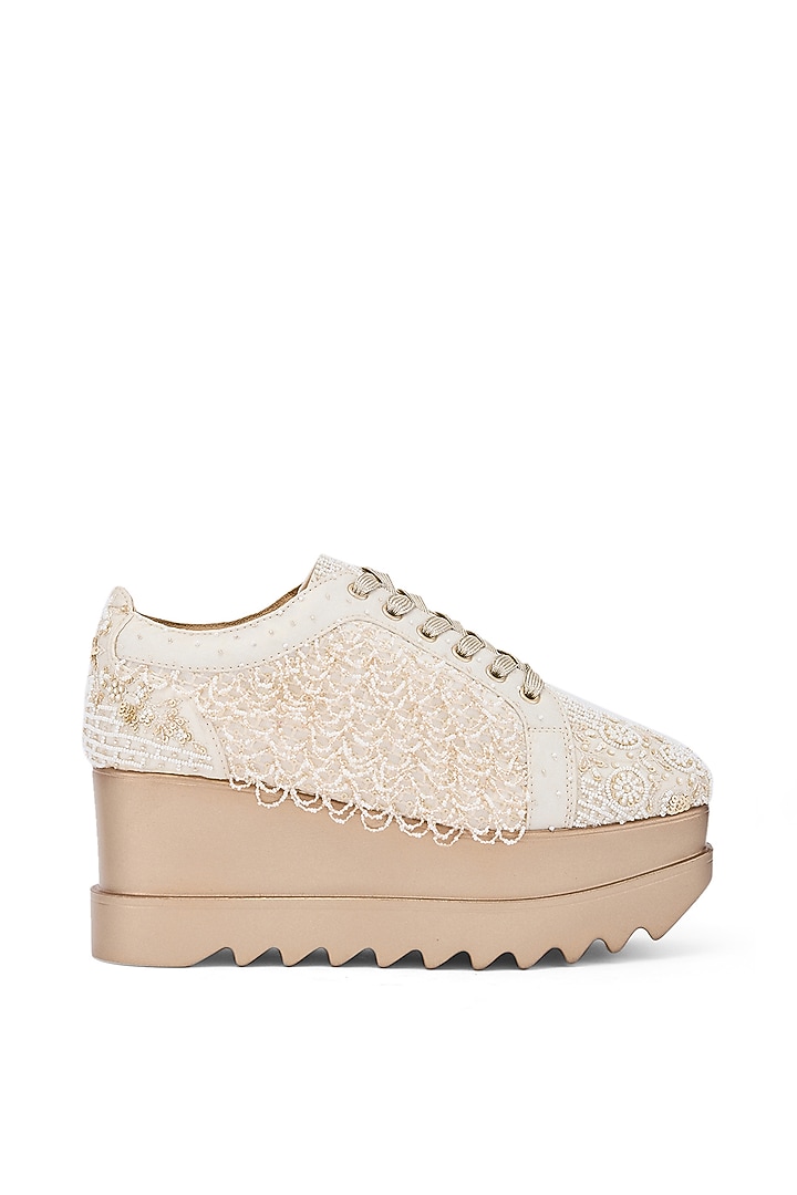 White Foiled Milano Satin & Georgette Resham Hand Embroidered Wedge Sneakers by Anaar at Pernia's Pop Up Shop