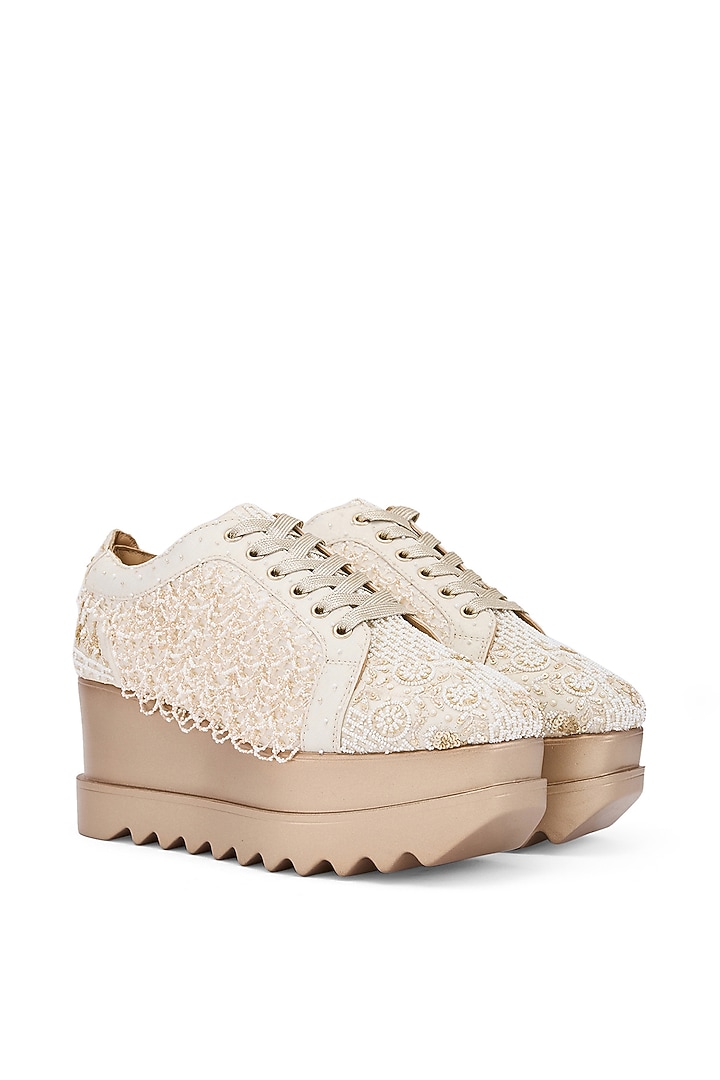 White Foiled Milano Satin & Georgette Resham Hand Embroidered Wedge Sneakers by Anaar at Pernia's Pop Up Shop