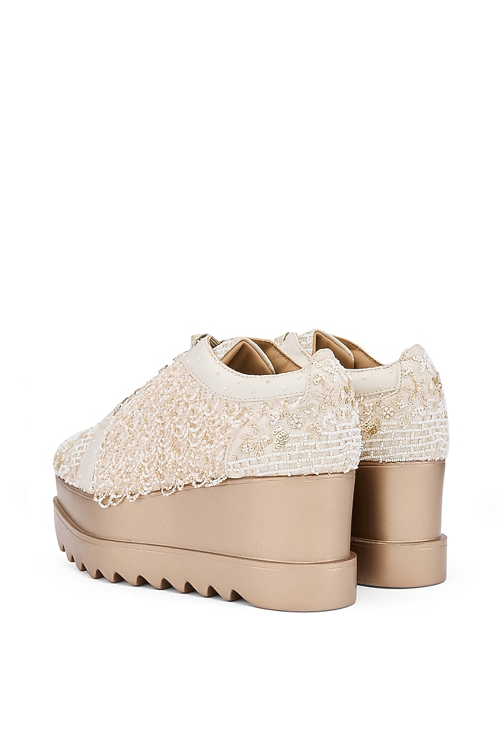 White Foiled Milano Satin & Georgette Resham Hand Embroidered Wedge Sneakers by Anaar at Pernia's Pop Up Shop