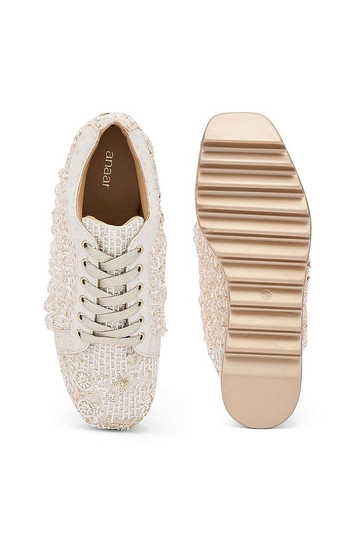 White Foiled Milano Satin & Georgette Resham Hand Embroidered Wedge Sneakers by Anaar at Pernia's Pop Up Shop