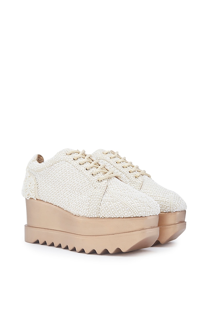 White Foiled Milano Satin Sequins Hand Embroidered Wedge Sneakers by Anaar at Pernia's Pop Up Shop