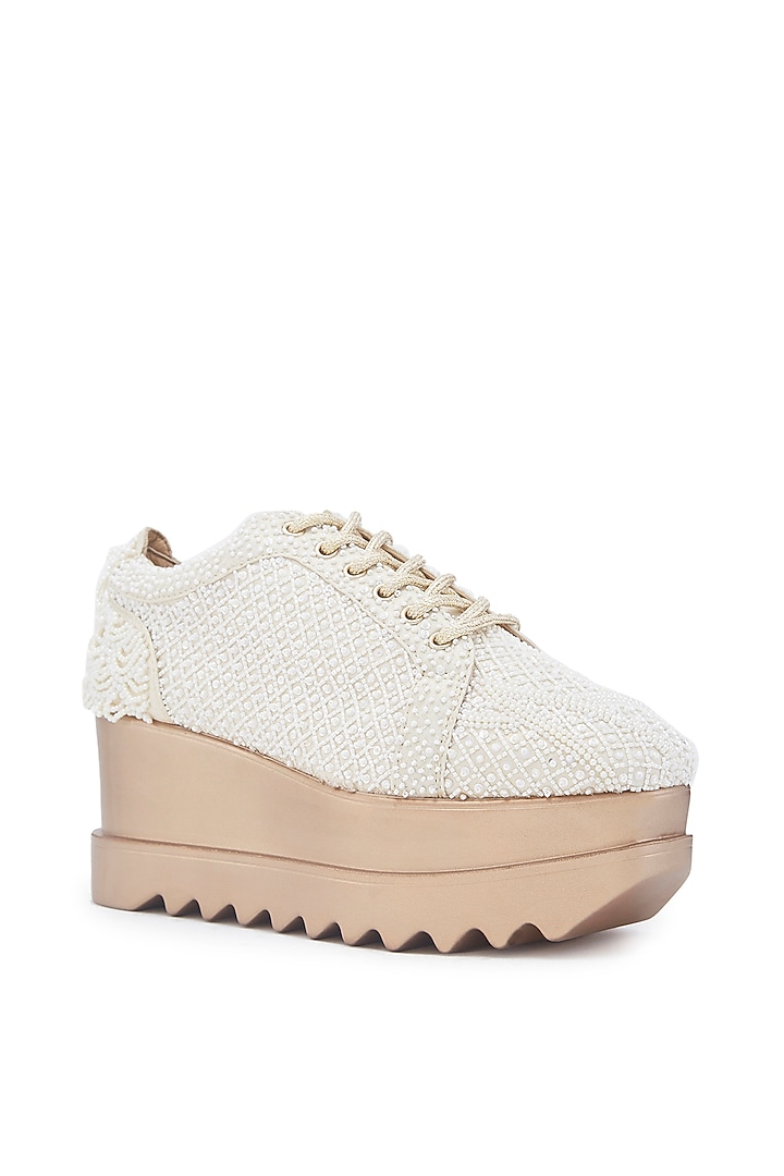 White Foiled Milano Satin Sequins Hand Embroidered Wedge Sneakers by Anaar at Pernia's Pop Up Shop