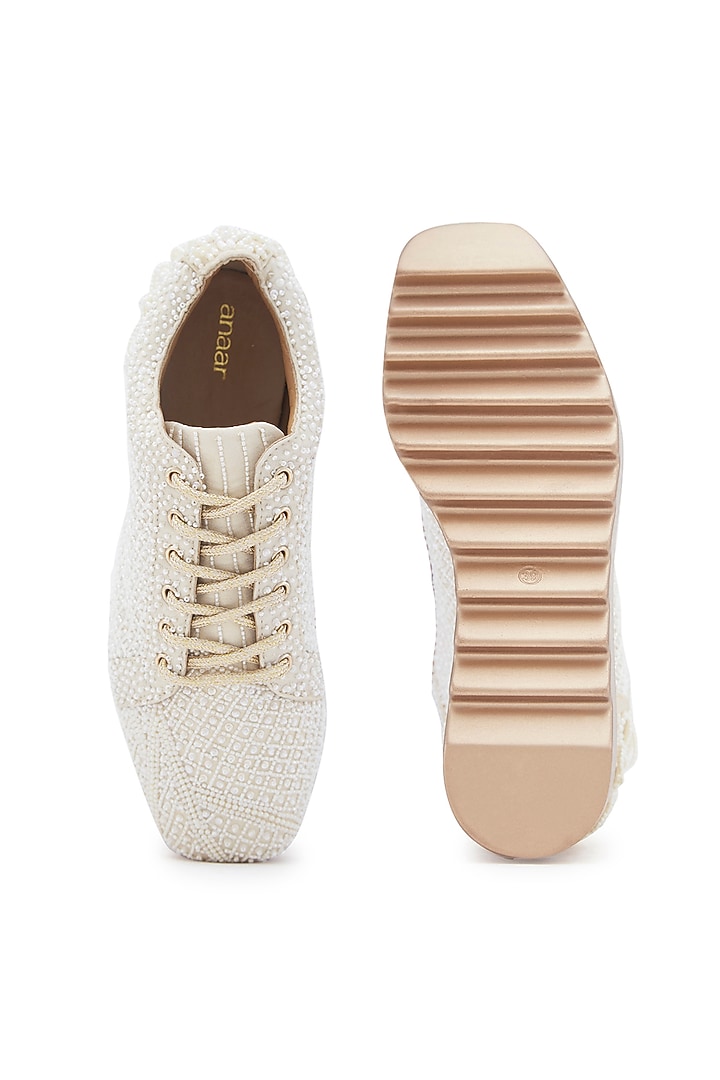 White Foiled Milano Satin Sequins Hand Embroidered Wedge Sneakers by Anaar at Pernia's Pop Up Shop