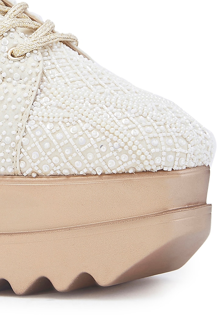 White Foiled Milano Satin Sequins Hand Embroidered Wedge Sneakers by Anaar at Pernia's Pop Up Shop