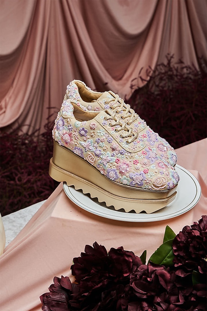 Multi-Colored Foiled Milano Satin Floral Hand Embroidered Wedge Sneakers by Anaar at Pernia's Pop Up Shop