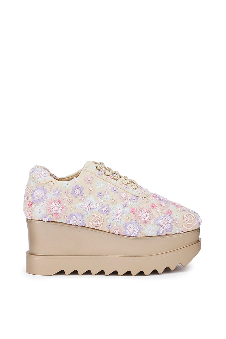Multi-Colored Foiled Milano Satin Floral Hand Embroidered Wedge Sneakers by Anaar at Pernia's Pop Up Shop