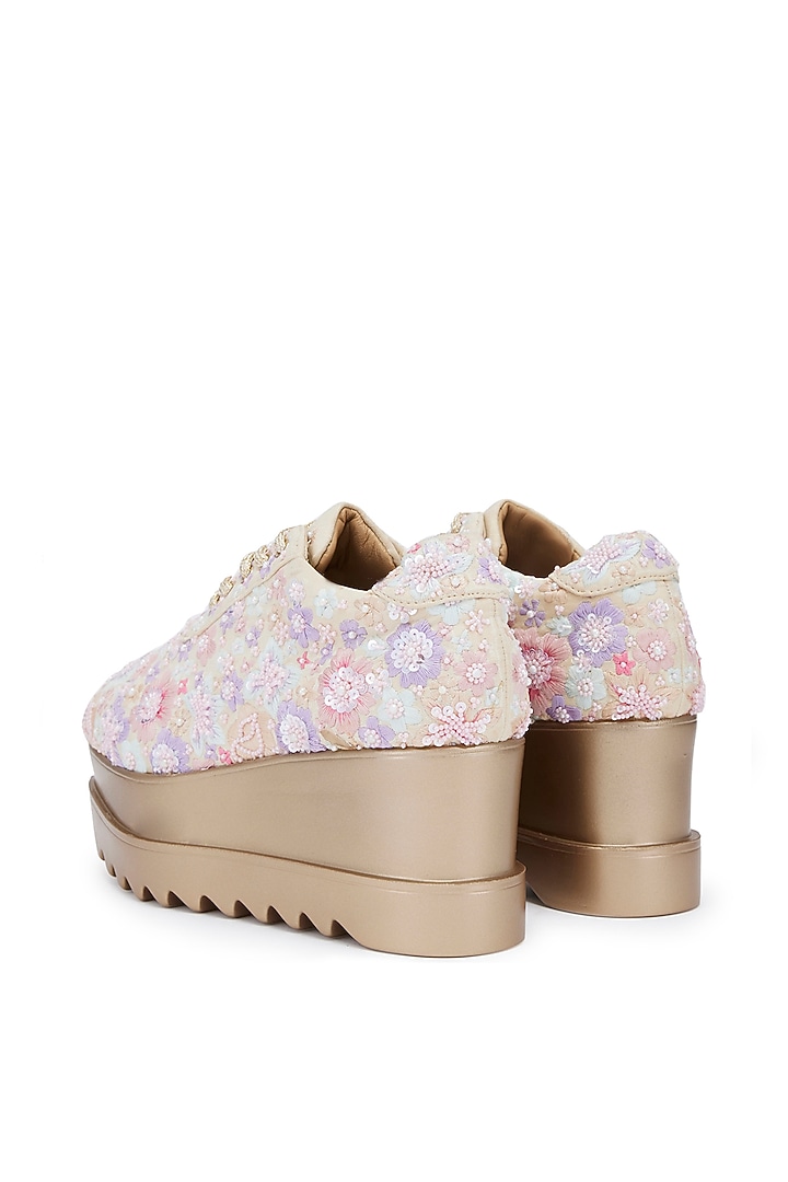 Multi-Colored Foiled Milano Satin Floral Hand Embroidered Wedge Sneakers by Anaar at Pernia's Pop Up Shop