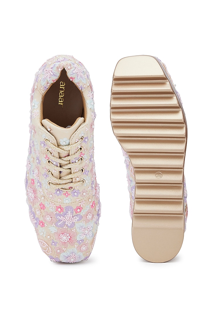 Multi-Colored Foiled Milano Satin Floral Hand Embroidered Wedge Sneakers by Anaar at Pernia's Pop Up Shop