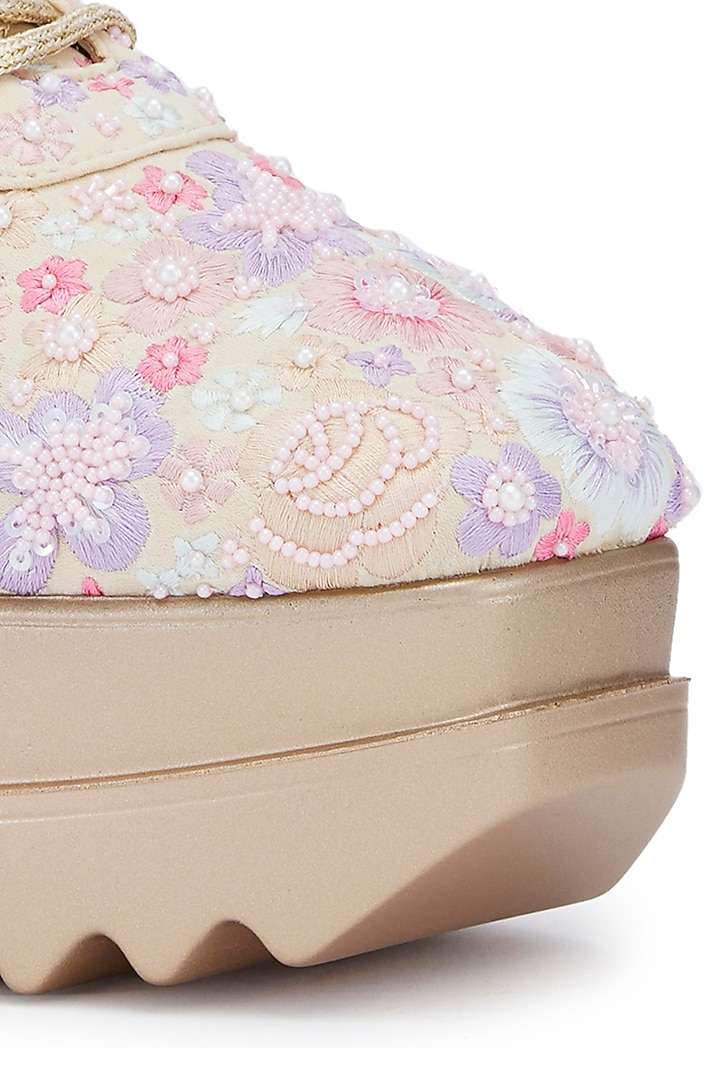 Multi-Colored Foiled Milano Satin Floral Hand Embroidered Wedge Sneakers by Anaar at Pernia's Pop Up Shop