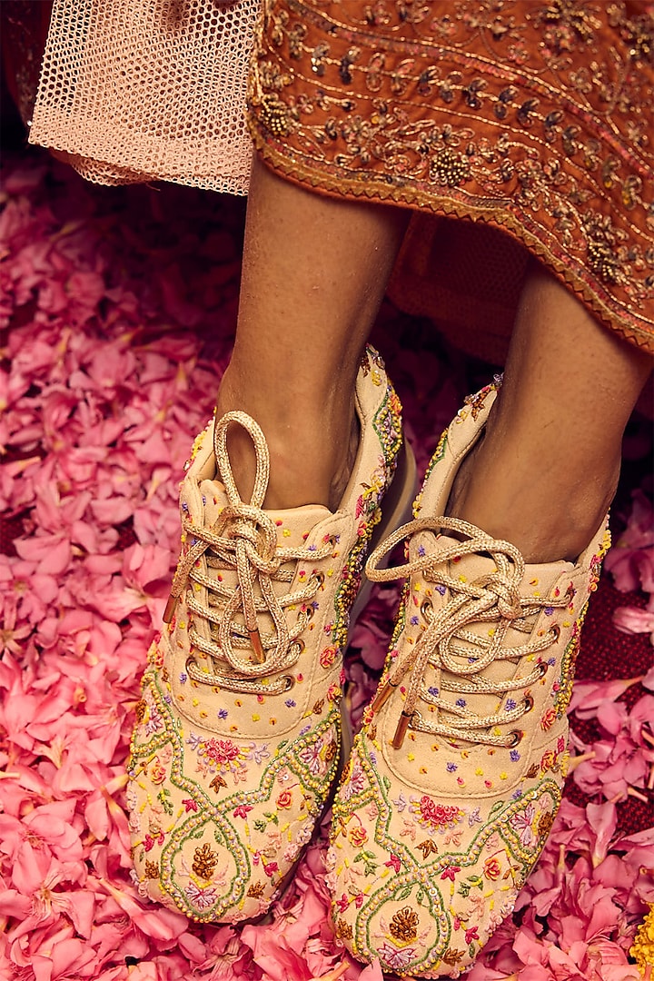 Multi-Colored Moss Crepe & Georgette Floral Hand Embroidered Wedge Sneakers by Anaar at Pernia's Pop Up Shop