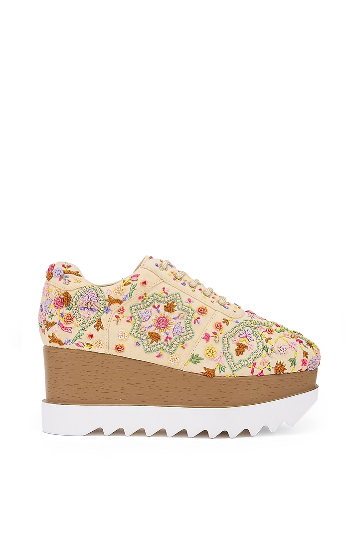 Multi-Colored Moss Crepe & Georgette Floral Hand Embroidered Wedge Sneakers by Anaar at Pernia's Pop Up Shop
