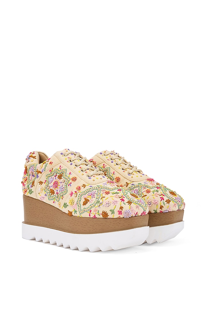 Multi-Colored Moss Crepe & Georgette Floral Hand Embroidered Wedge Sneakers by Anaar at Pernia's Pop Up Shop