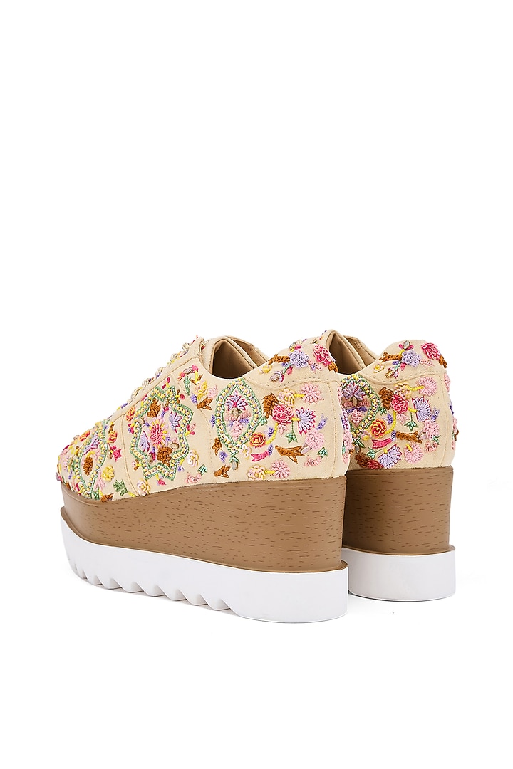Multi-Colored Moss Crepe & Georgette Floral Hand Embroidered Wedge Sneakers by Anaar at Pernia's Pop Up Shop