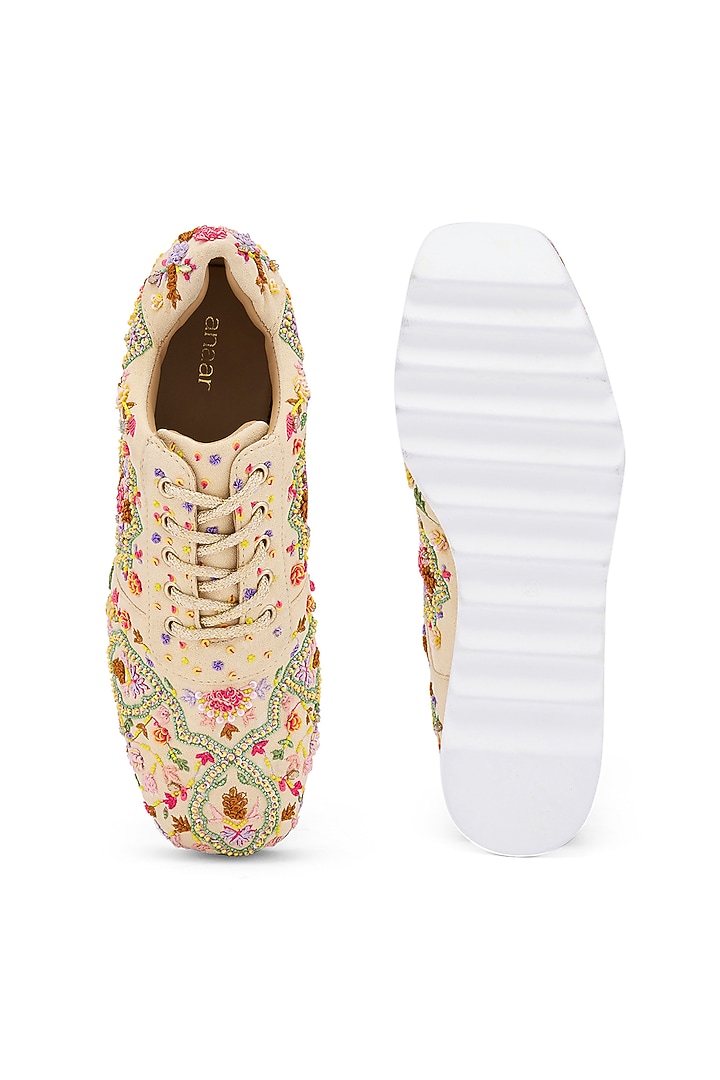 Multi-Colored Moss Crepe & Georgette Floral Hand Embroidered Wedge Sneakers by Anaar at Pernia's Pop Up Shop