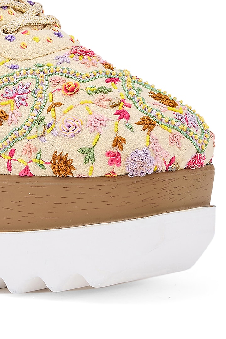 Multi-Colored Moss Crepe & Georgette Floral Hand Embroidered Wedge Sneakers by Anaar at Pernia's Pop Up Shop