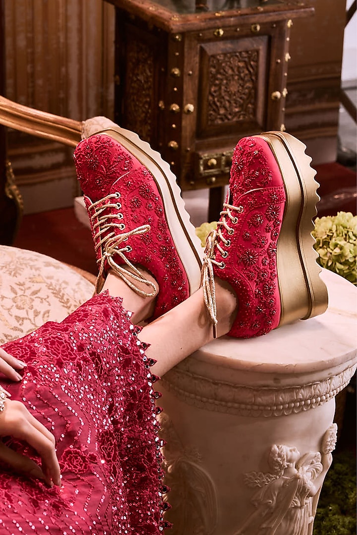 Red Satin Resham Hand Embroidered Wedge Sneakers by Anaar at Pernia's Pop Up Shop