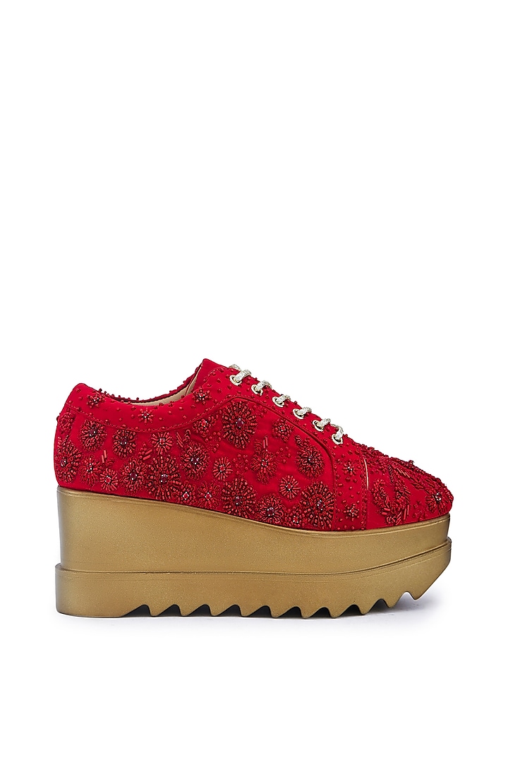 Red Satin Resham Hand Embroidered Wedge Sneakers by Anaar at Pernia's Pop Up Shop