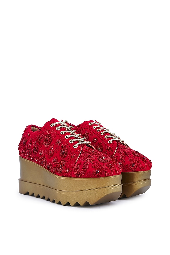 Red Satin Resham Hand Embroidered Wedge Sneakers by Anaar at Pernia's Pop Up Shop