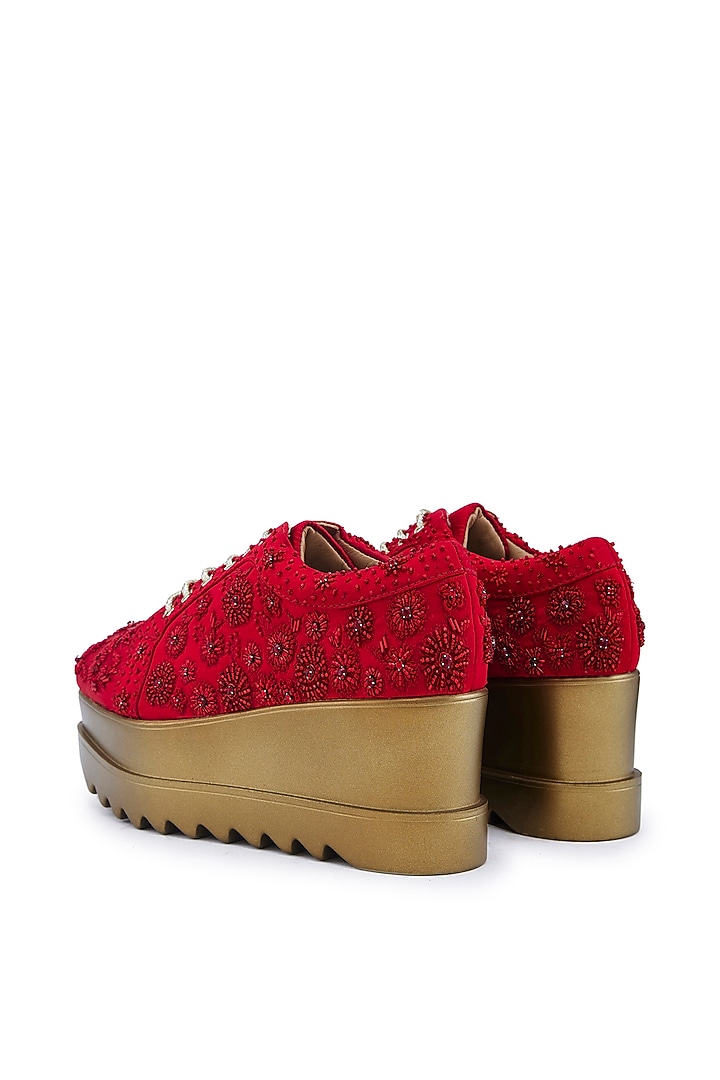 Red Satin Resham Hand Embroidered Wedge Sneakers by Anaar at Pernia's Pop Up Shop