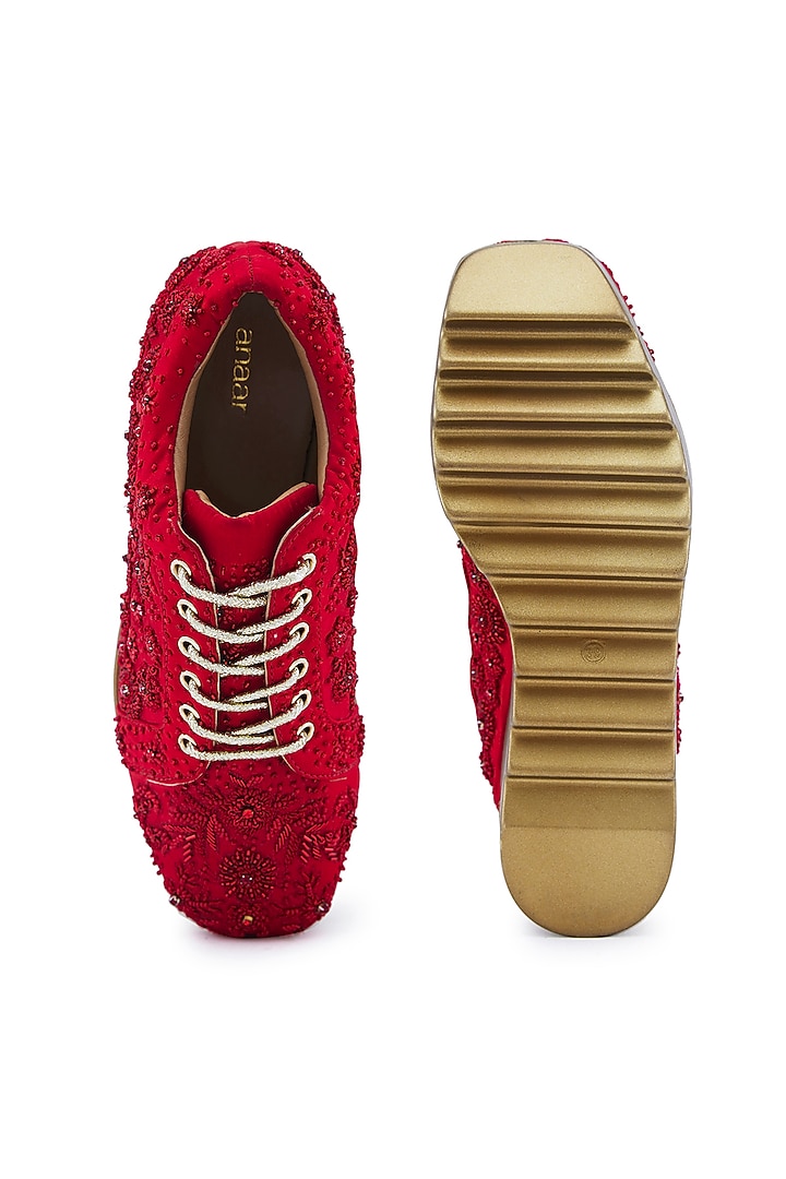 Red Satin Resham Hand Embroidered Wedge Sneakers by Anaar at Pernia's Pop Up Shop