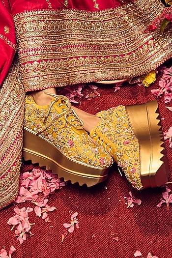 Yellow Satin Resham Hand Embroidered Wedge Sneakers by Anaar at Pernia's Pop Up Shop