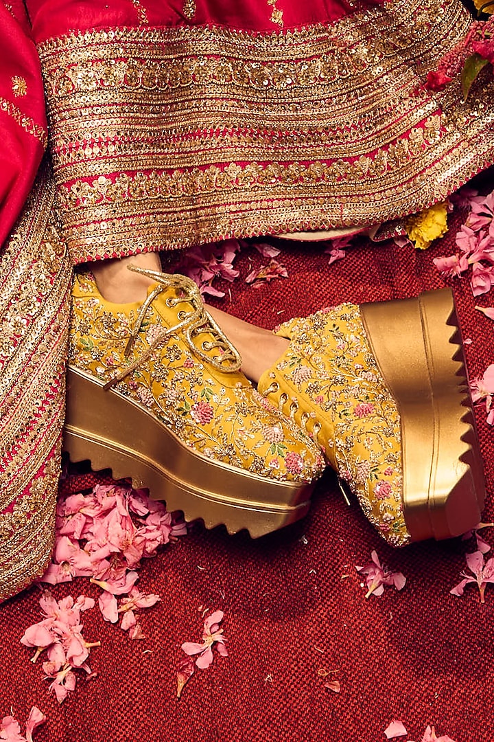 Yellow Satin Resham Hand Embroidered Wedge Sneakers by Anaar at Pernia's Pop Up Shop