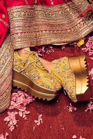 Yellow Satin Resham Hand Embroidered Wedge Sneakers by Anaar