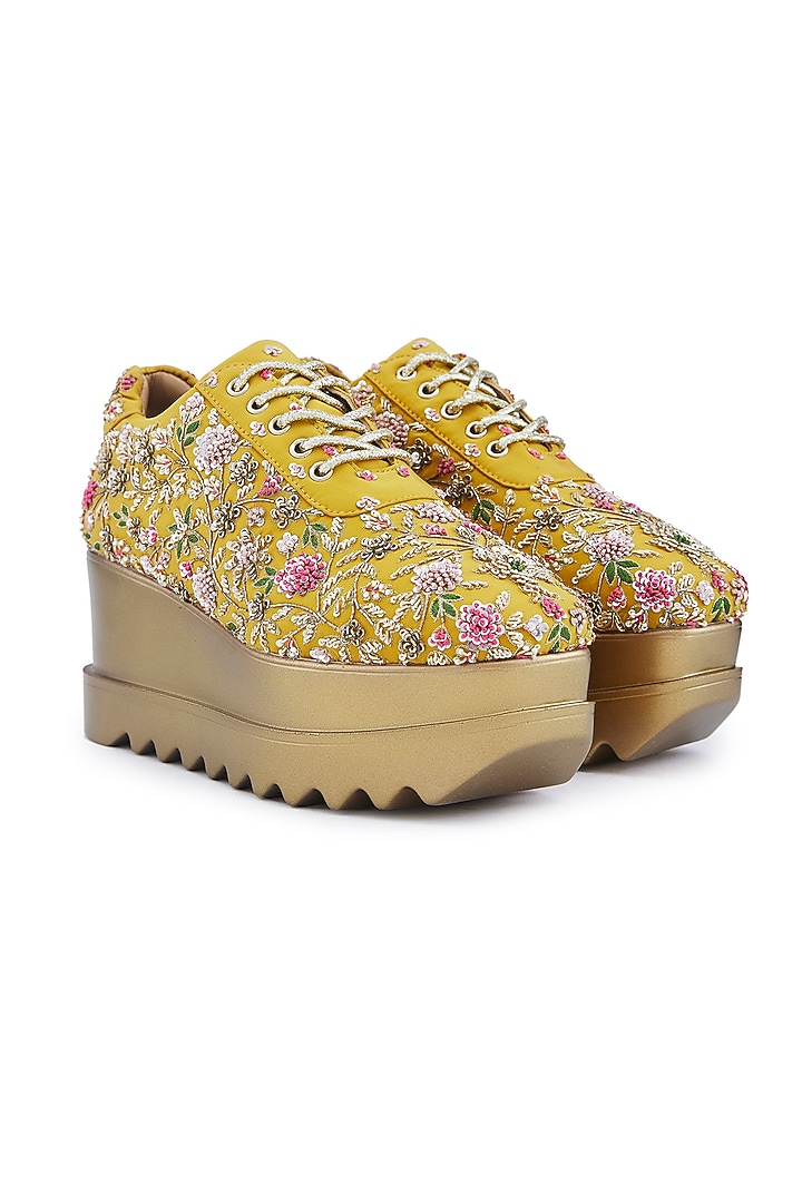Yellow Satin Resham Hand Embroidered Wedge Sneakers by Anaar at Pernia's Pop Up Shop