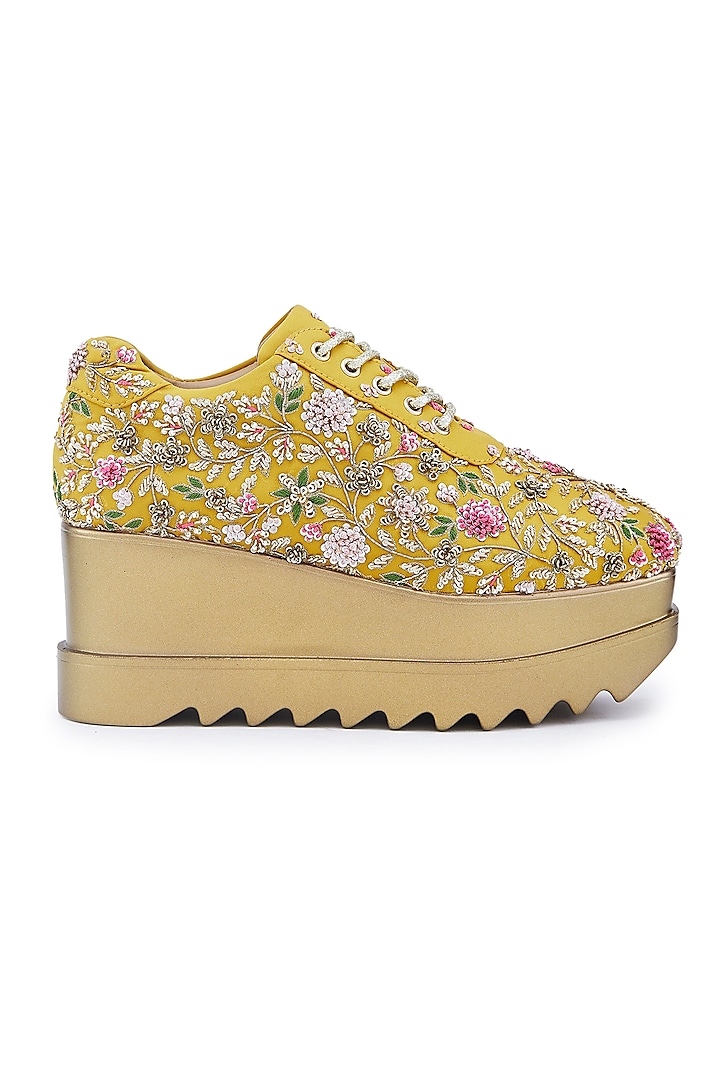 Yellow Satin Resham Hand Embroidered Wedge Sneakers by Anaar at Pernia's Pop Up Shop