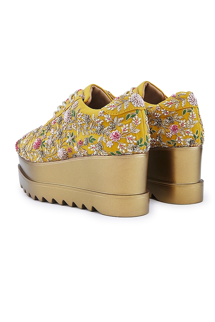 Yellow Satin Resham Hand Embroidered Wedge Sneakers by Anaar at Pernia's Pop Up Shop