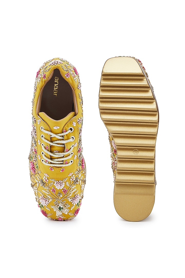 Yellow Satin Resham Hand Embroidered Wedge Sneakers by Anaar at Pernia's Pop Up Shop