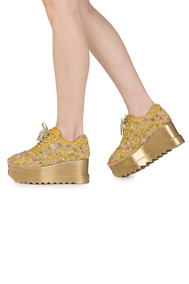 Yellow Satin Resham Hand Embroidered Wedge Sneakers by Anaar at Pernia's Pop Up Shop