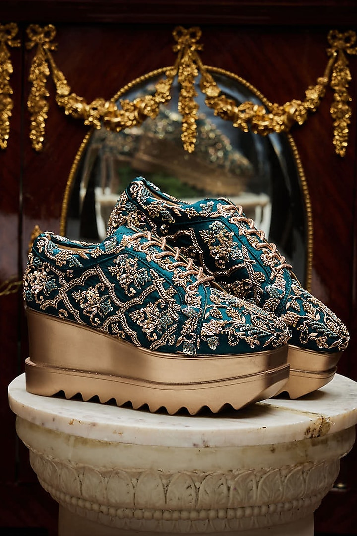 Teal Blue Satin Zardsoi Hand Embroidered Wedge Sneakers by Anaar at Pernia's Pop Up Shop