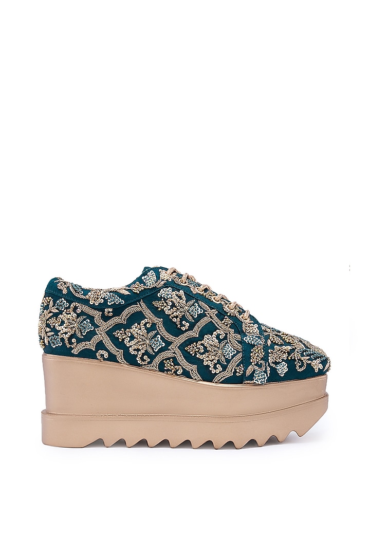Teal Blue Satin Zardsoi Hand Embroidered Wedge Sneakers by Anaar at Pernia's Pop Up Shop