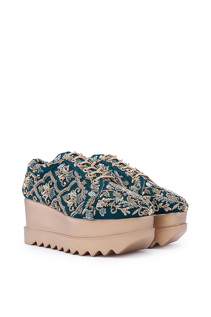 Teal Blue Satin Zardsoi Hand Embroidered Wedge Sneakers by Anaar at Pernia's Pop Up Shop