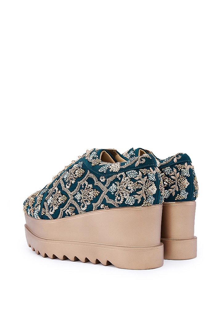 Teal Blue Satin Zardsoi Hand Embroidered Wedge Sneakers by Anaar at Pernia's Pop Up Shop