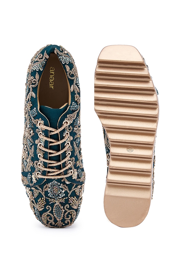 Teal Blue Satin Zardsoi Hand Embroidered Wedge Sneakers by Anaar at Pernia's Pop Up Shop