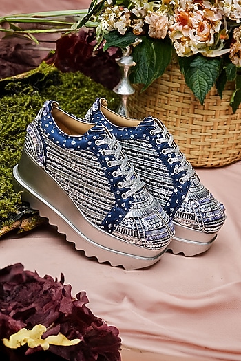 Navy Satin Sequins Embellished Wedge Sneakers by Anaar at Pernia's Pop Up Shop