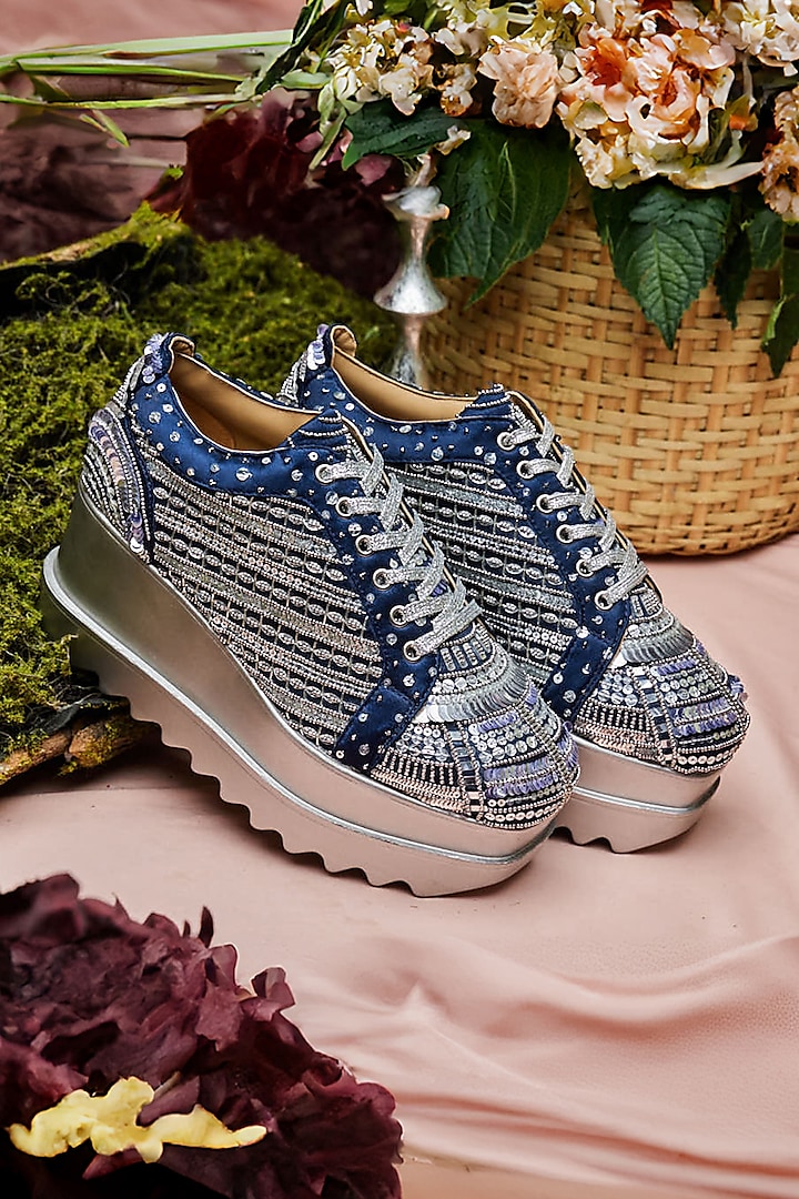 Navy Satin Sequins Embellished Wedge Sneakers by Anaar at Pernia's Pop Up Shop