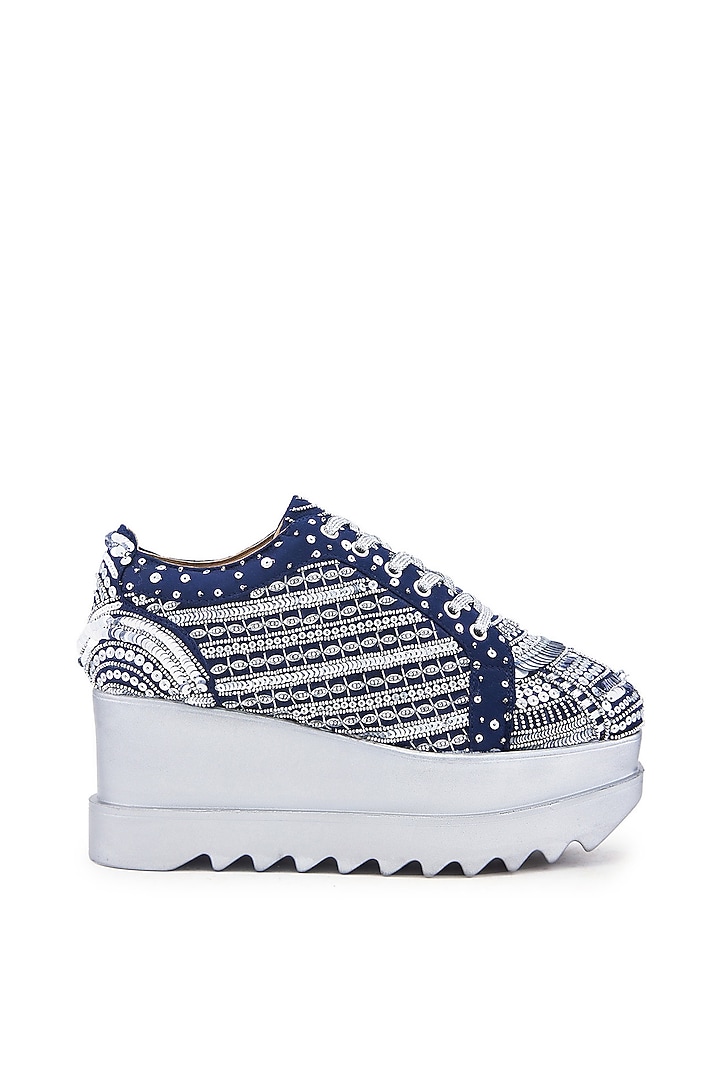 Navy Satin Sequins Embellished Wedge Sneakers by Anaar at Pernia's Pop Up Shop