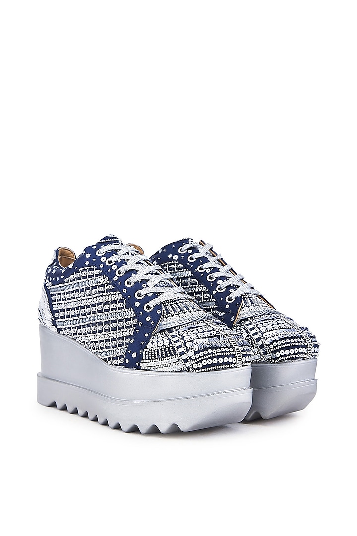 Navy Satin Sequins Embellished Wedge Sneakers by Anaar at Pernia's Pop Up Shop
