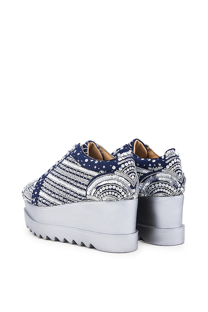 Navy Satin Sequins Embellished Wedge Sneakers by Anaar at Pernia's Pop Up Shop