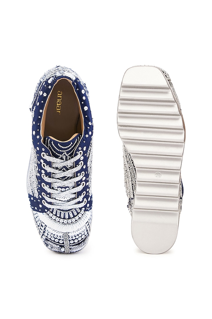 Navy Satin Sequins Embellished Wedge Sneakers by Anaar at Pernia's Pop Up Shop