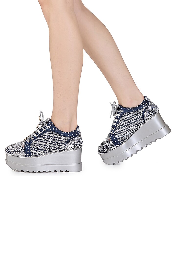 Navy Satin Sequins Embellished Wedge Sneakers by Anaar at Pernia's Pop Up Shop