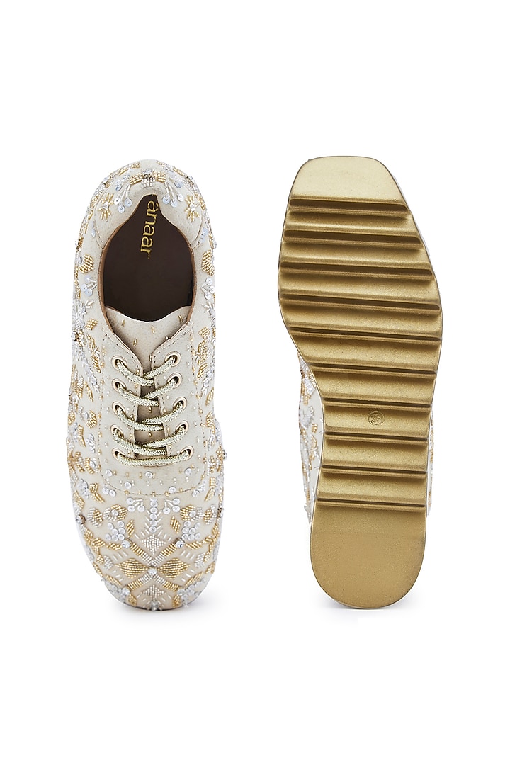 Off-White Striped Chiffon Cutdana Embellished Wedge Sneakers by Anaar at Pernia's Pop Up Shop