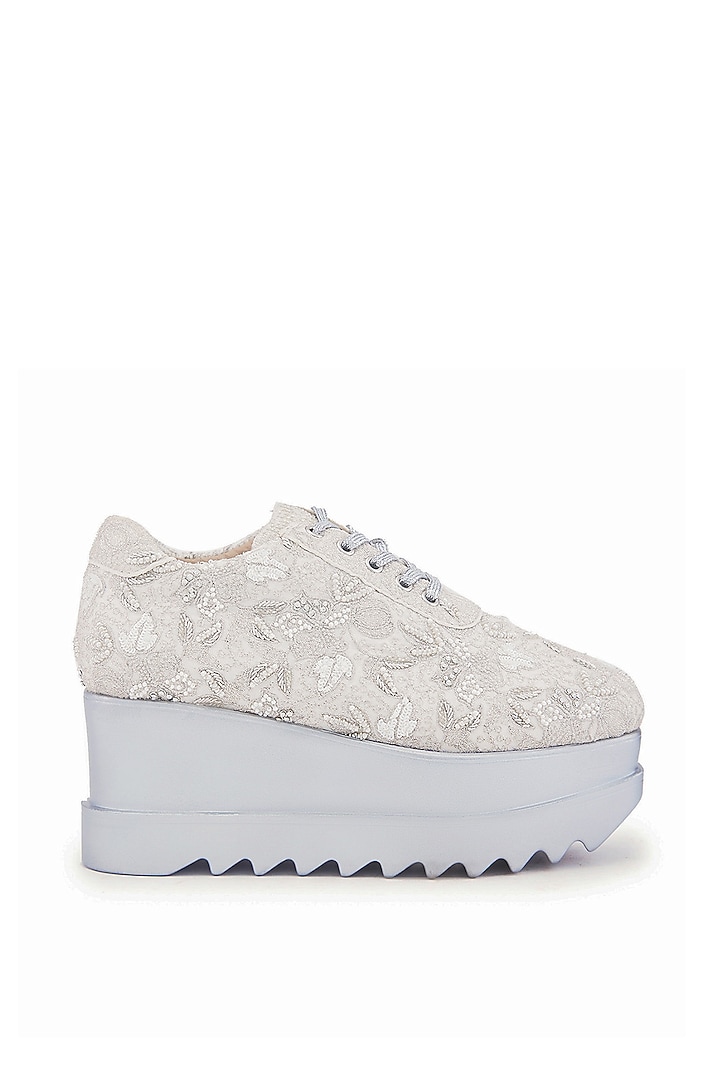 White Satin & Cotton Silk Zari Hand Embroidered Sneakers by Anaar at Pernia's Pop Up Shop