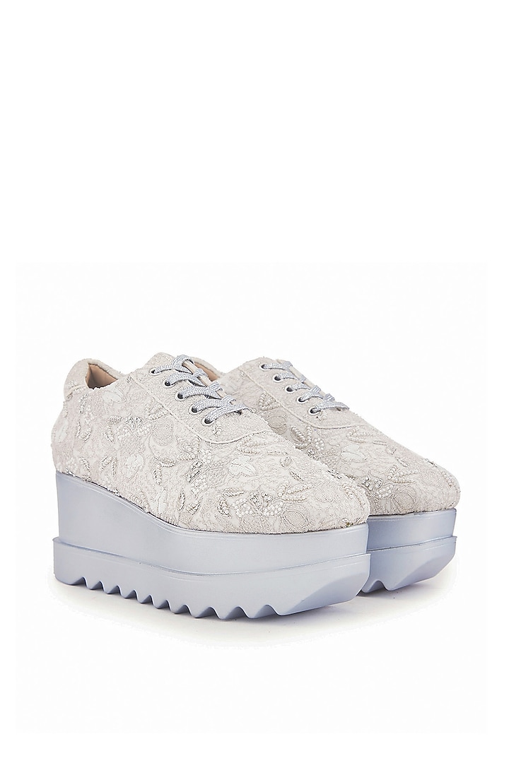 White Satin & Cotton Silk Zari Hand Embroidered Sneakers by Anaar at Pernia's Pop Up Shop