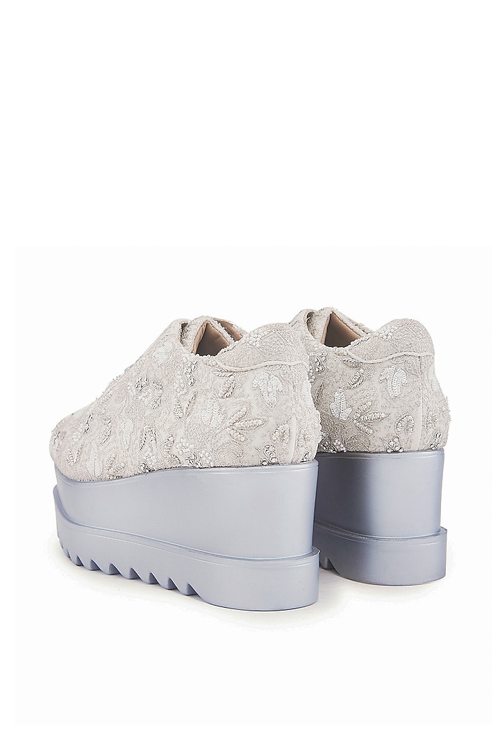 White Satin & Cotton Silk Zari Hand Embroidered Sneakers by Anaar at Pernia's Pop Up Shop