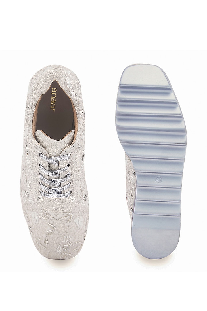 White Satin & Cotton Silk Zari Hand Embroidered Sneakers by Anaar at Pernia's Pop Up Shop
