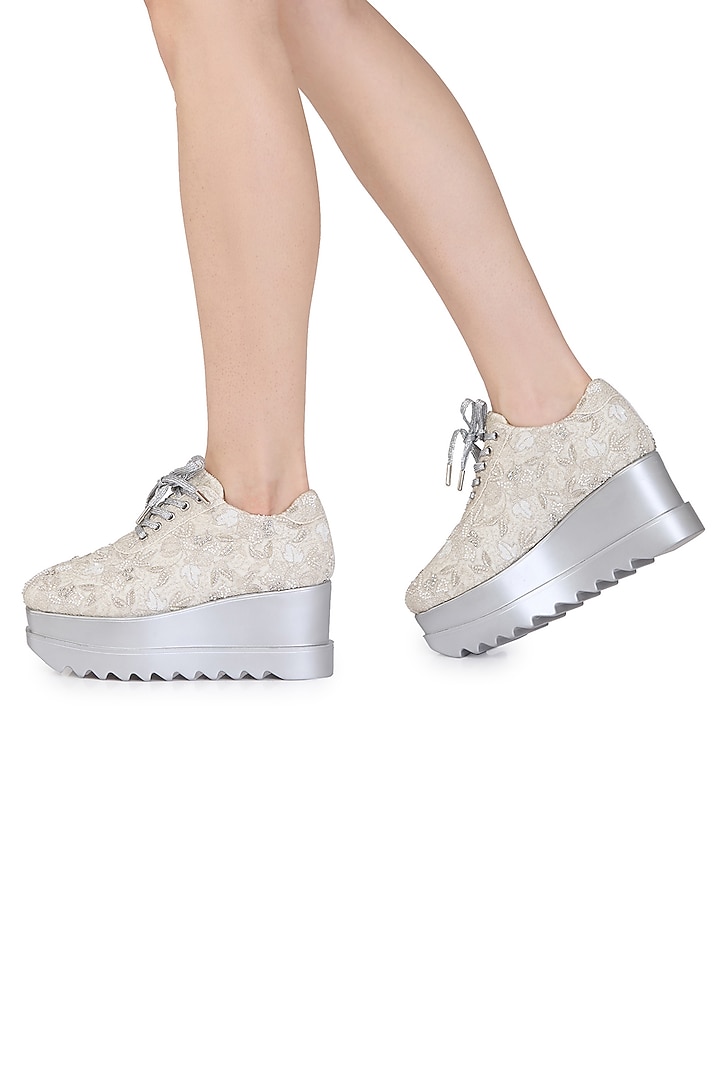 White Satin & Cotton Silk Zari Hand Embroidered Sneakers by Anaar at Pernia's Pop Up Shop